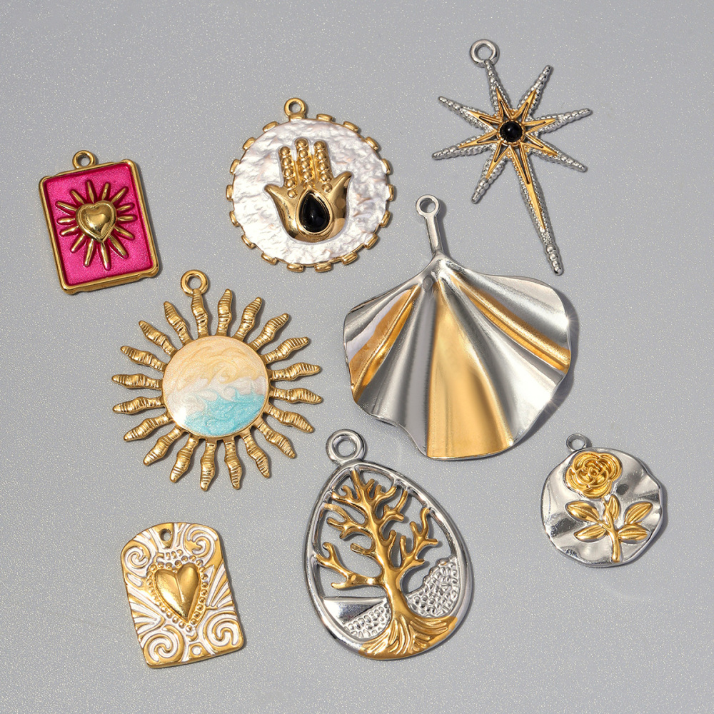 6pcs/pack Two Tone Silver Gold Life Tree Sun Star Stainless Steel DIY Charm Women Hamsa Hand Jewelry Round Rose Flower Shell Necklace Pendant
