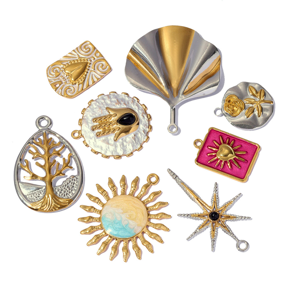 6pcs/pack Two Tone Silver Gold Sun Heart Stainless Steel DIY Charm Women Flower Jewelry Fashion Evil Eye Rose Snake Shell Necklace Pendant