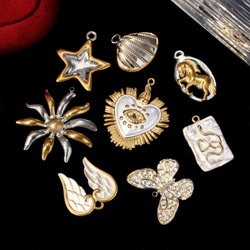 6pcs/pack Two Tone Silver Gold Evil Eye Heart Shell Stainless Steel DIY Charms Women Horse Jewelry Butterfly Angel Wings Necklace Pendants