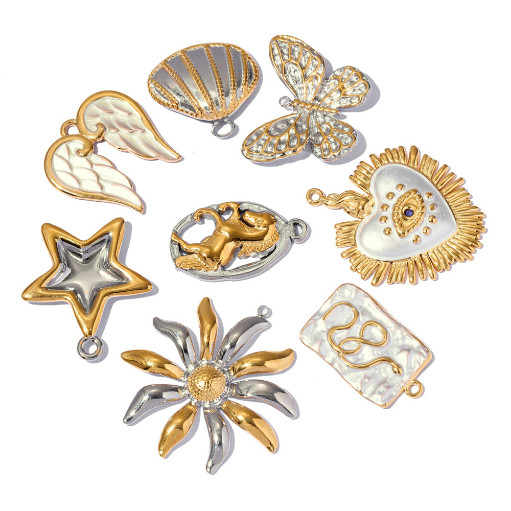 6pcs/pack Two Tone Silver Gold Sun Heart Stainless Steel DIY Charm Women Flower Jewelry Fashion Evil Eye Rose Snake Shell Necklace Pendant