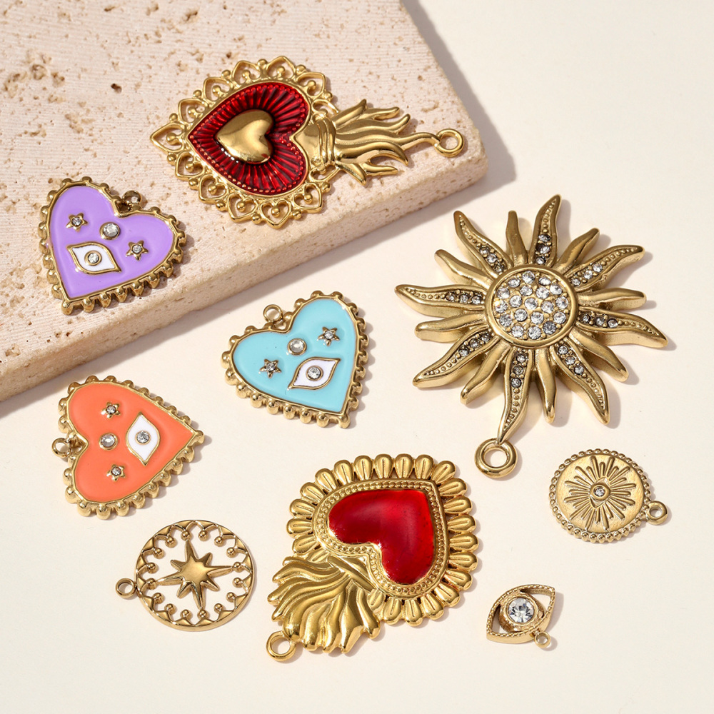 6pcs/pack Red Enamel Crown Heart Stainless Steel DIY Earring Charms Women Jewelry Sun Crescent Hamsa Hand Pendant Necklace Making