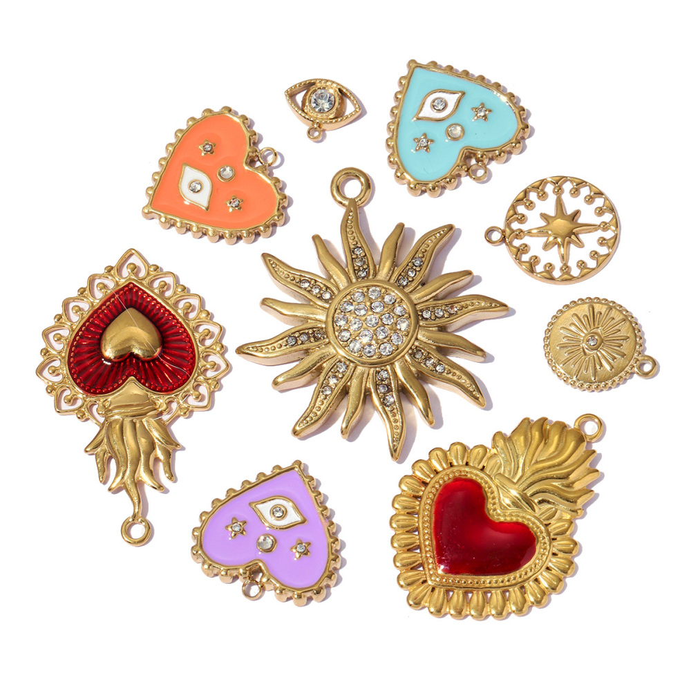 6pcs/pack Red Enamel Crown Heart Stainless Steel DIY Earring Charms Women Jewelry Sun Crescent Hamsa Hand Pendant Necklace Making
