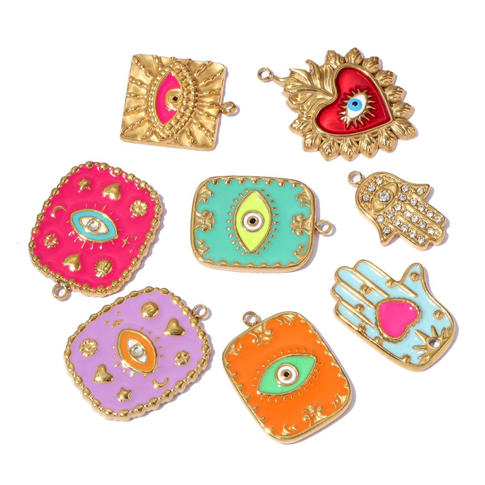 6pcs/pack Red Enamel Crown Heart Stainless Steel DIY Earring Charms Women Jewelry Sun Crescent Hamsa Hand Pendant Necklace Making