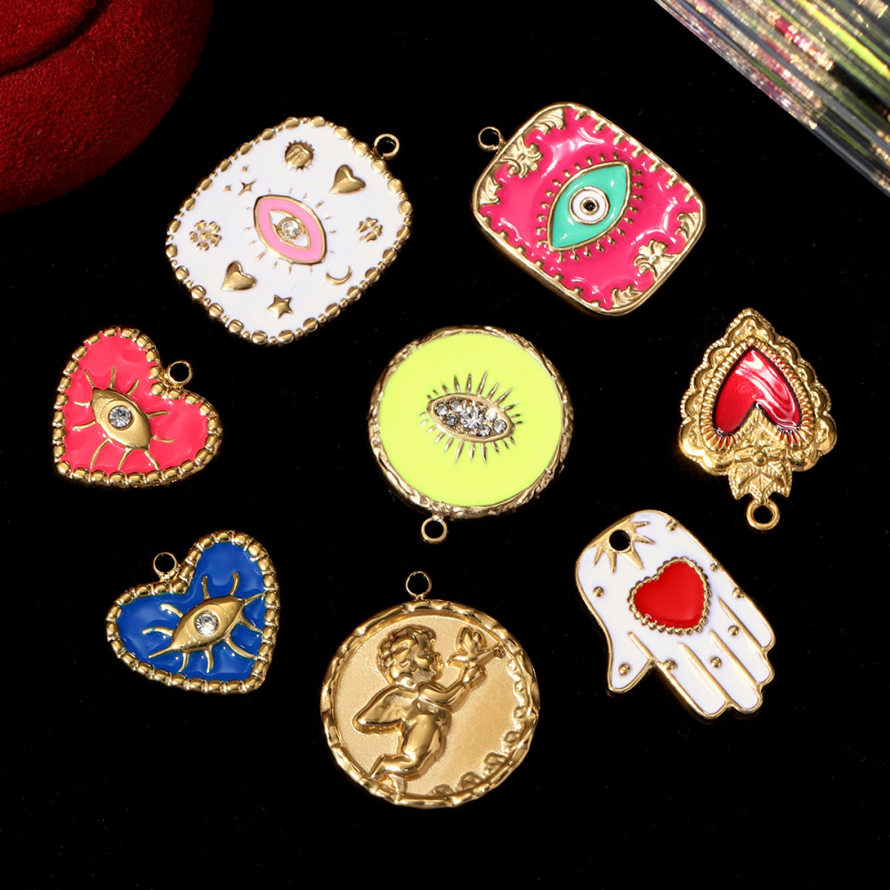 6pcs/pack Enamel Heart Evil Eye Stainless Steel DIY Charms Women Hamsa Hand Sun Necklace Pendants Handmande Jewelry Wholesale