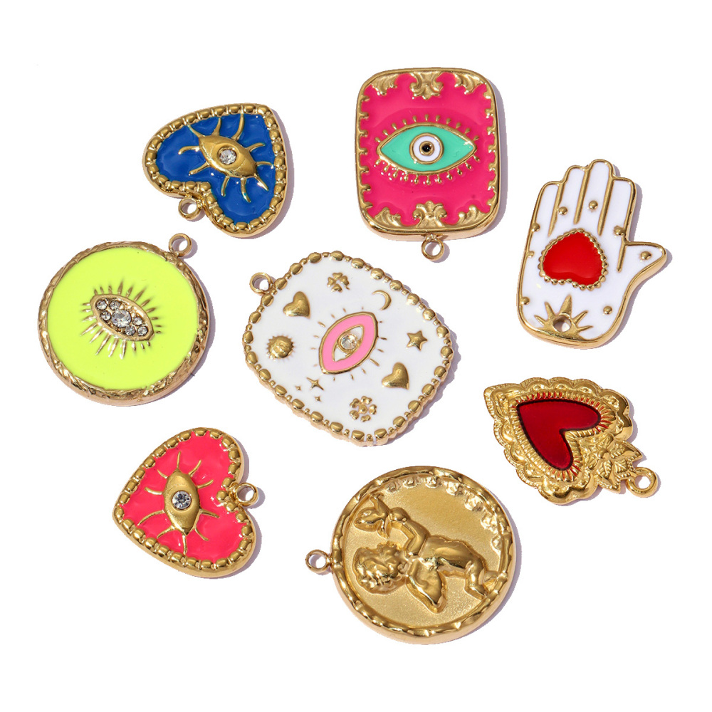 6pcs/pack Red Enamel Crown Heart Stainless Steel DIY Earring Charms Women Jewelry Sun Crescent Hamsa Hand Pendant Necklace Making