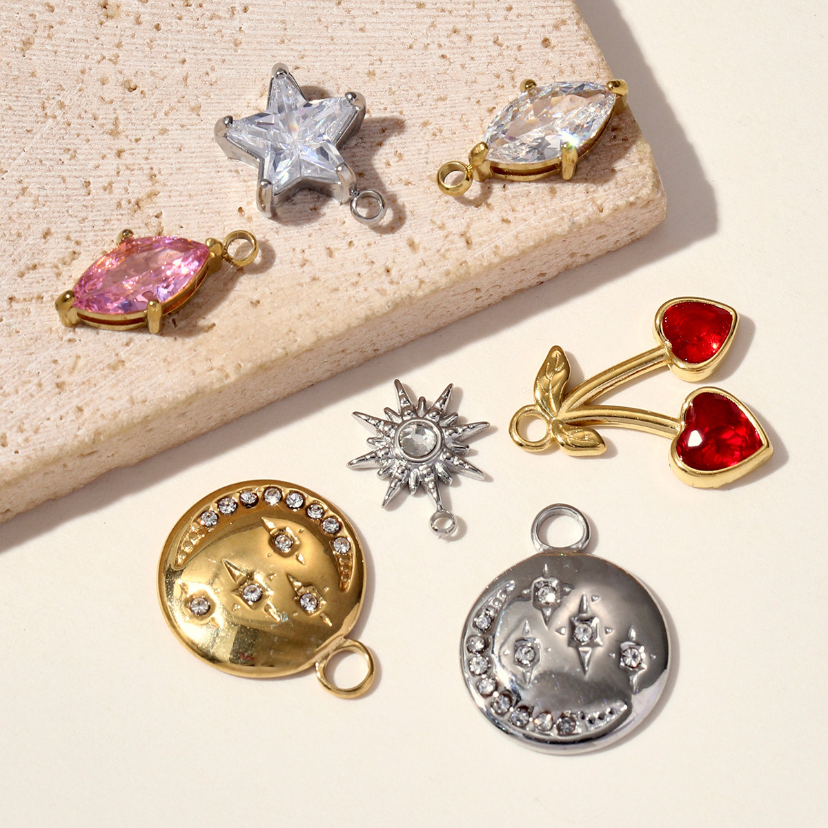6pcs/pack Fashion Marquise Zircon Stainless Steel DIY Charm Women Star Jewelry Robot Heart Cherry Necklace Pendant Bracelet Make