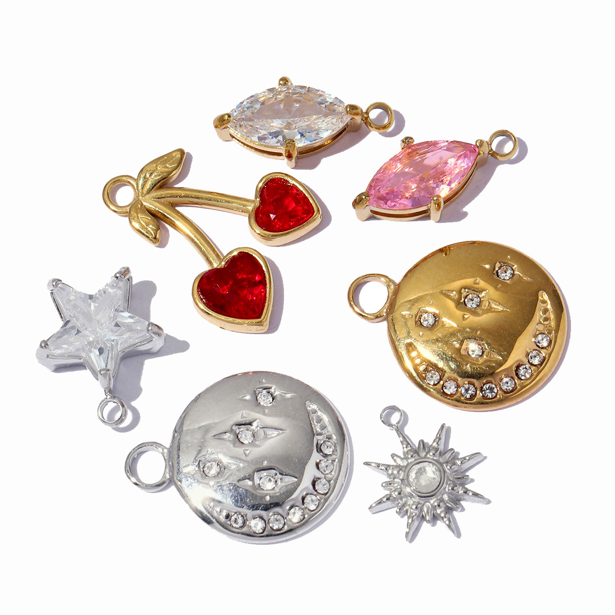6pcs/pack Fashion Marquise Zircon Stainless Steel DIY Charm Women Star Jewelry Robot Heart Cherry Necklace Pendant Bracelet Make