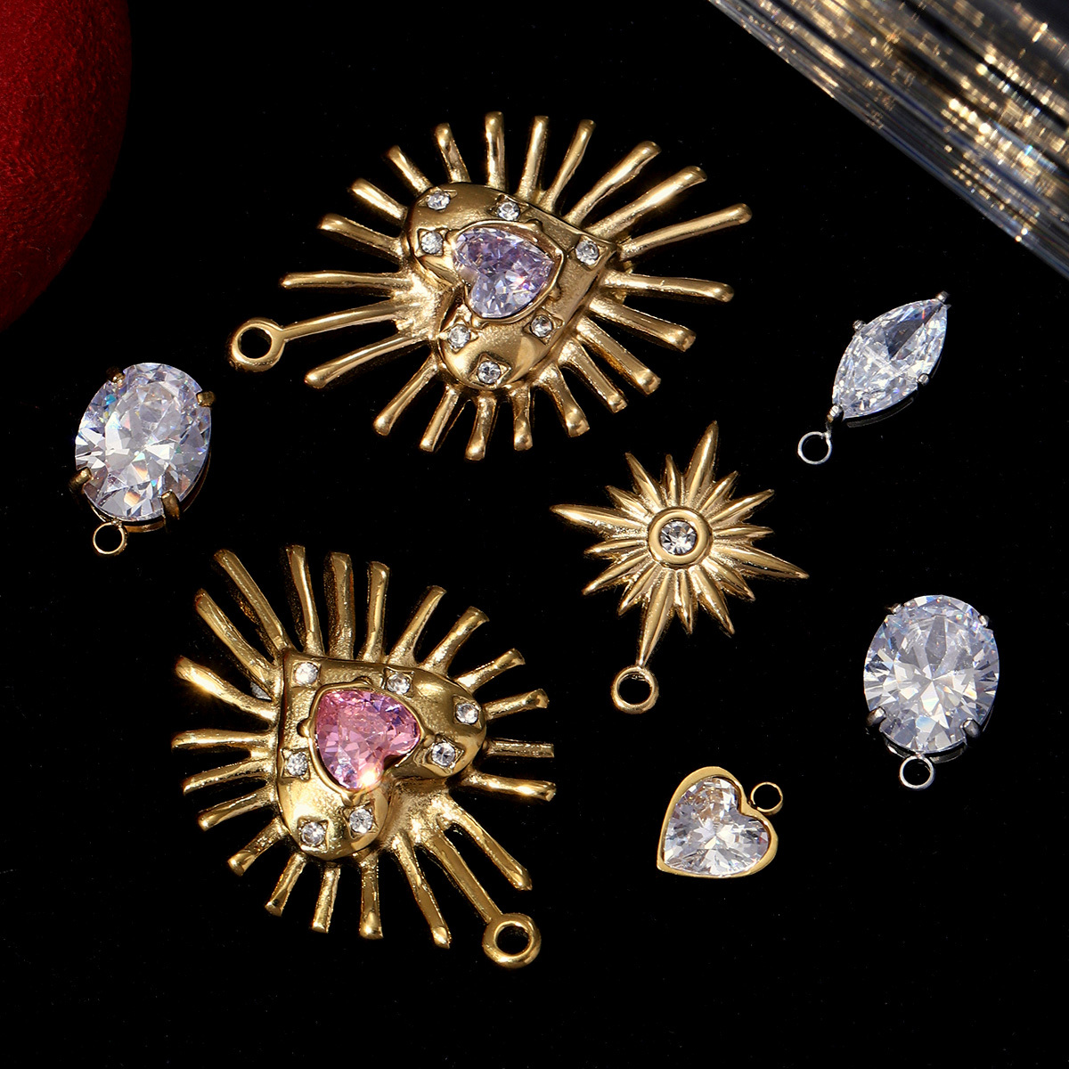 6pcs/pack Irregular Heart Stainless Steel DIY Charm Women Oval Zircon Star Crescent Sun Necklace Pendant Bracelet Making Jewelry
