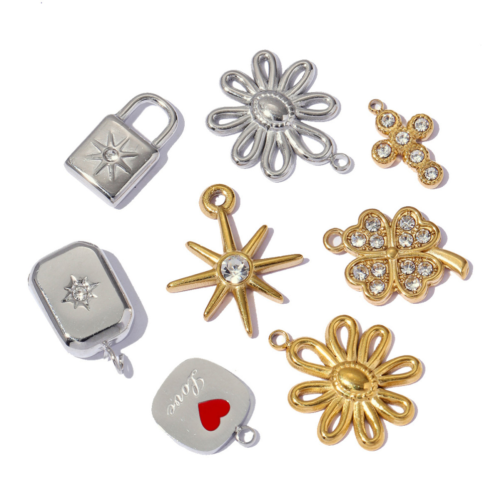 6pcs/pack 18k Real Gold Vacuum Plated Lock Flower Star Stainless Steel DIY Charm Women Jewelry Clover Heart Necklace Pendants