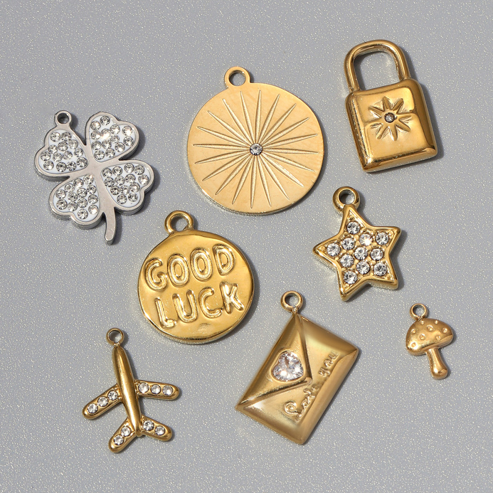 6pcs/pack 18k Real Gold Vacuum Plated Clover Airplane Stainless Steel DIY Charms Women Jewelry Round Sun Heart Envelope Necklace Pendants