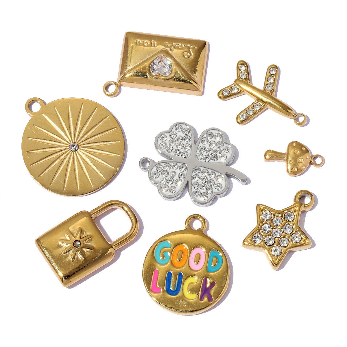 6pcs/pack 18k Real Gold Vacuum Plated Lock Flower Star Stainless Steel DIY Charm Women Jewelry Clover Heart Necklace Pendants