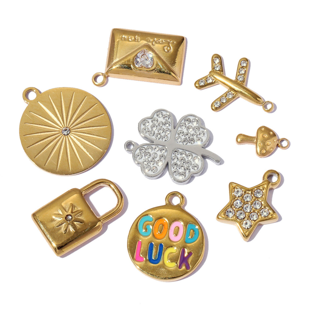 6pcs/pack 18k Real Gold Vacuum Plated Lock Flower Star Stainless Steel DIY Charm Women Jewelry Clover Heart Necklace Pendants