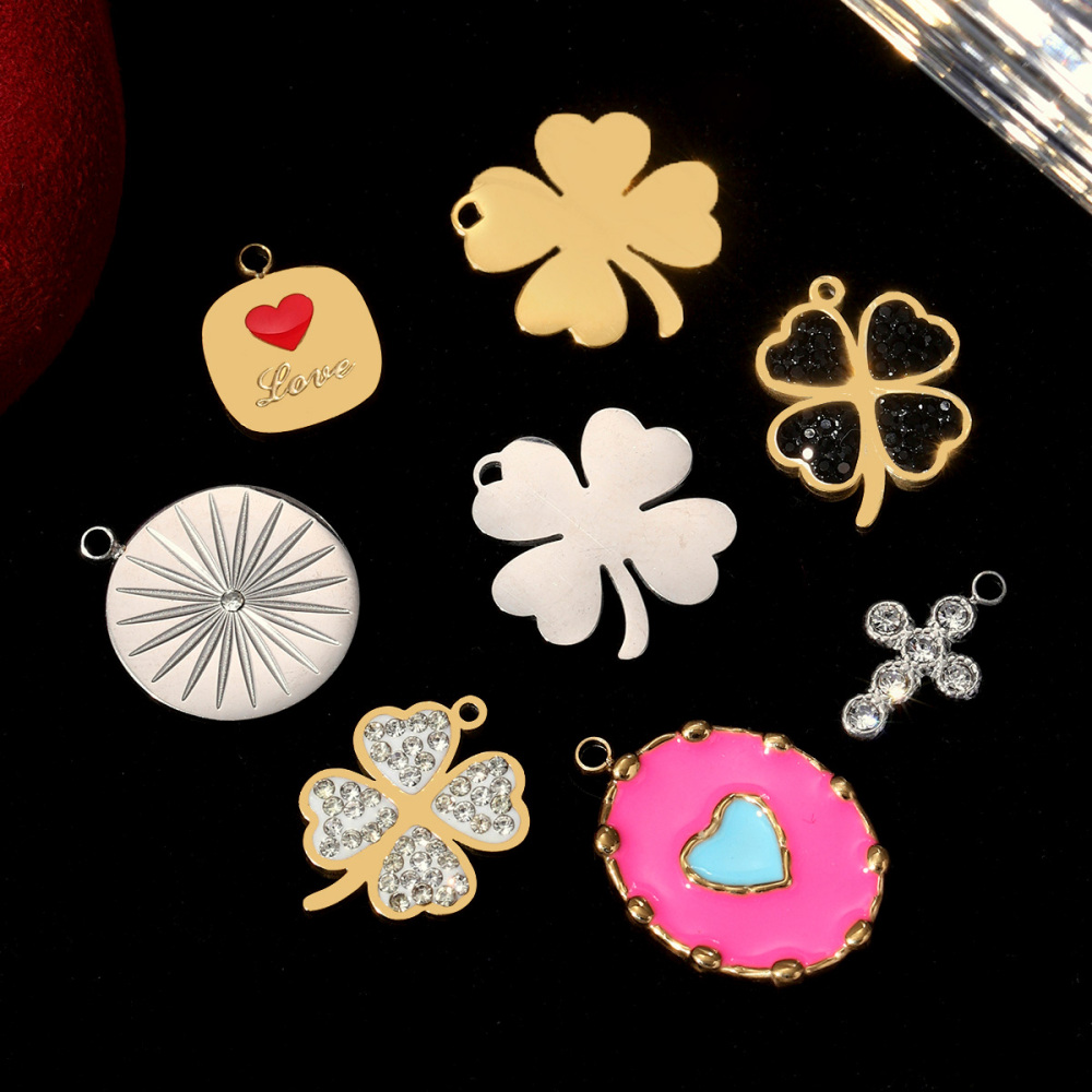 6pcs/pack Lucky Clover Rhinestone Stainless Steel DIY Charms Women Jewelry 18k Gold Plated Enamel Heart Cross Necklace Pendants