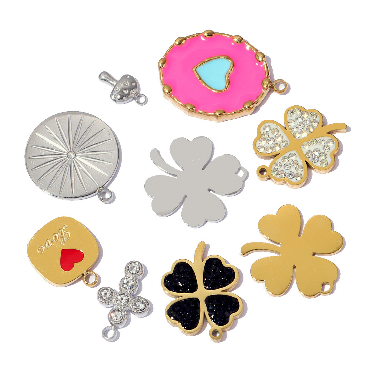 6pcs/pack 18k Real Gold Vacuum Plated Lock Flower Star Stainless Steel DIY Charm Women Jewelry Clover Heart Necklace Pendants