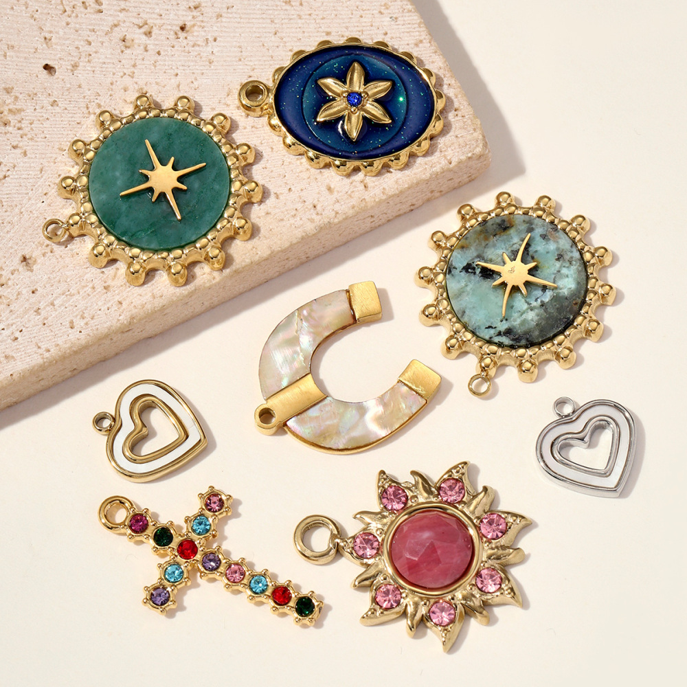 6pcs/pack Stainless Steel Cute Shell Heart DIY Charms Women Cross Trendy Sunflower Natural Stone Pendants Necklace Making Jewelry