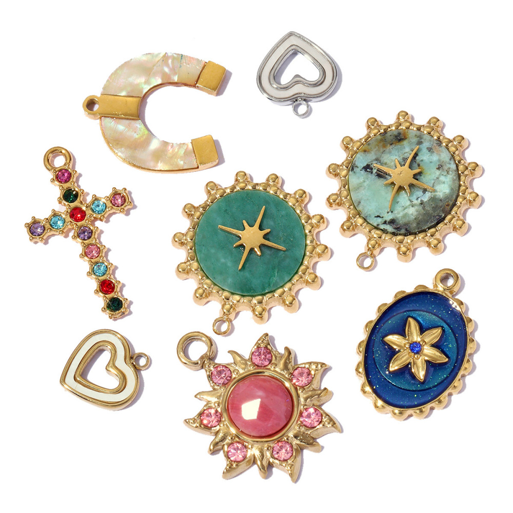 6pcs/pack Stainless Steel Cute Shell Heart DIY Charms Women Cross Trendy Sunflower Natural Stone Pendants Necklace Making Jewelry