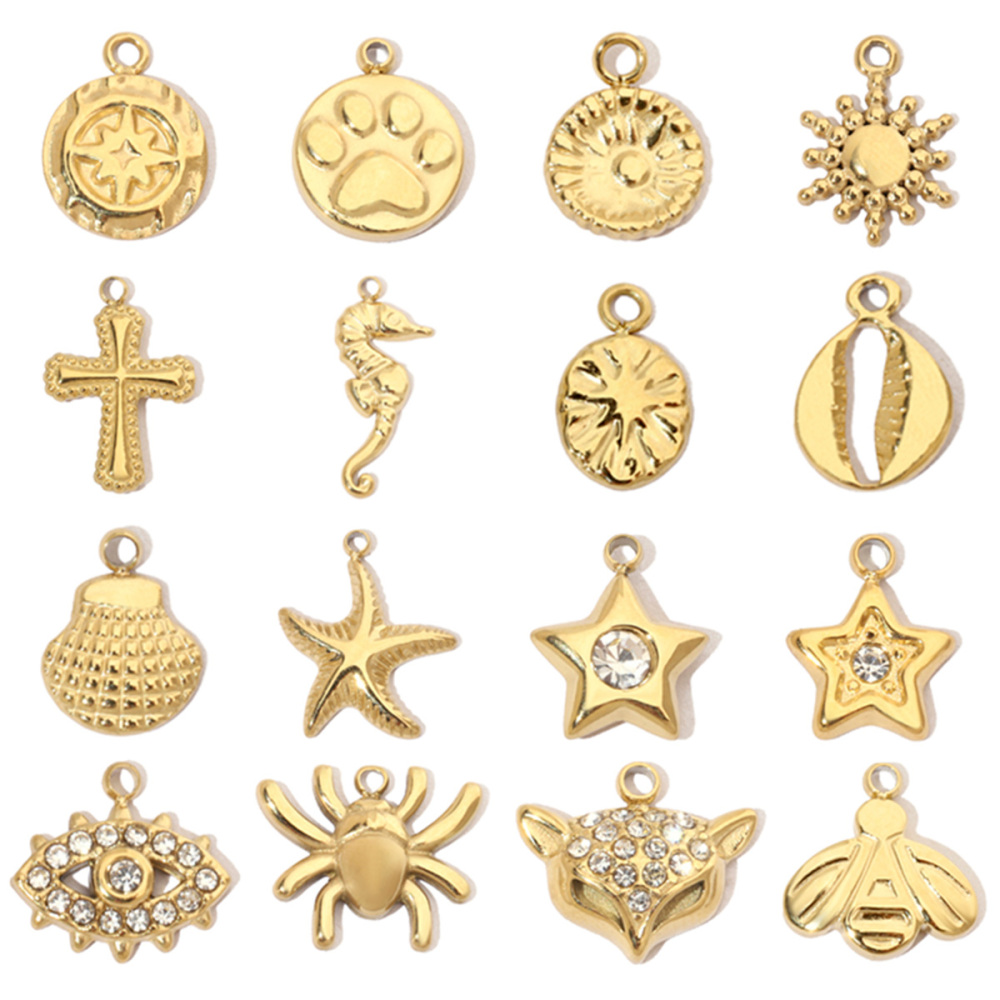 6pcs/pack Spider Bee Stainless Steel Diy Charms Women Star Clover Seahorse Earring Necklace Making Dog Paw Sun Pendant