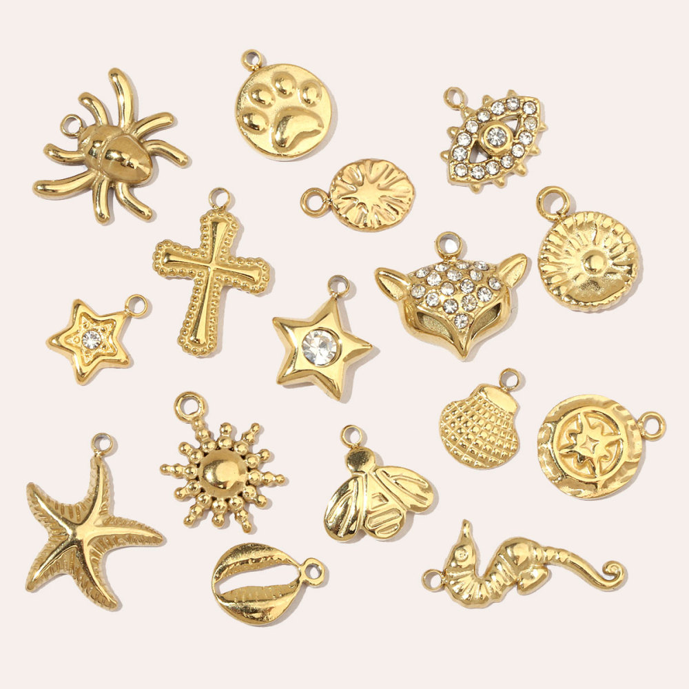 6pcs/pack Spider Bee Stainless Steel Diy Charms Women Star Clover Seahorse Earring Necklace Making Dog Paw Sun Pendant