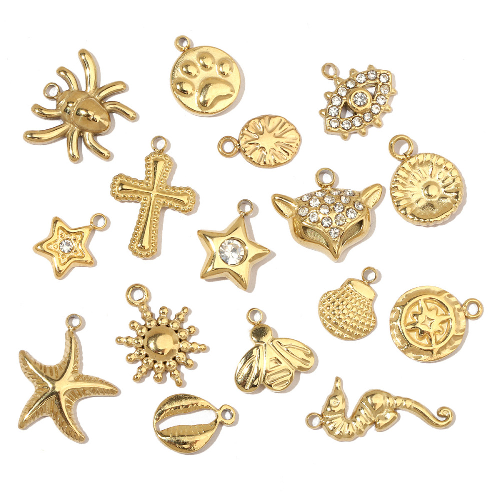 6pcs/pack Spider Bee Stainless Steel Diy Charms Women Star Clover Seahorse Earring Necklace Making Dog Paw Sun Pendant