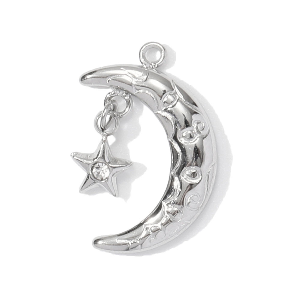 6pcs/pack French Stainless Steel Cresecent Moon Star Necklace Pendants Round Crystal Diy Charms Tennis Racket Jewelry Wholesale