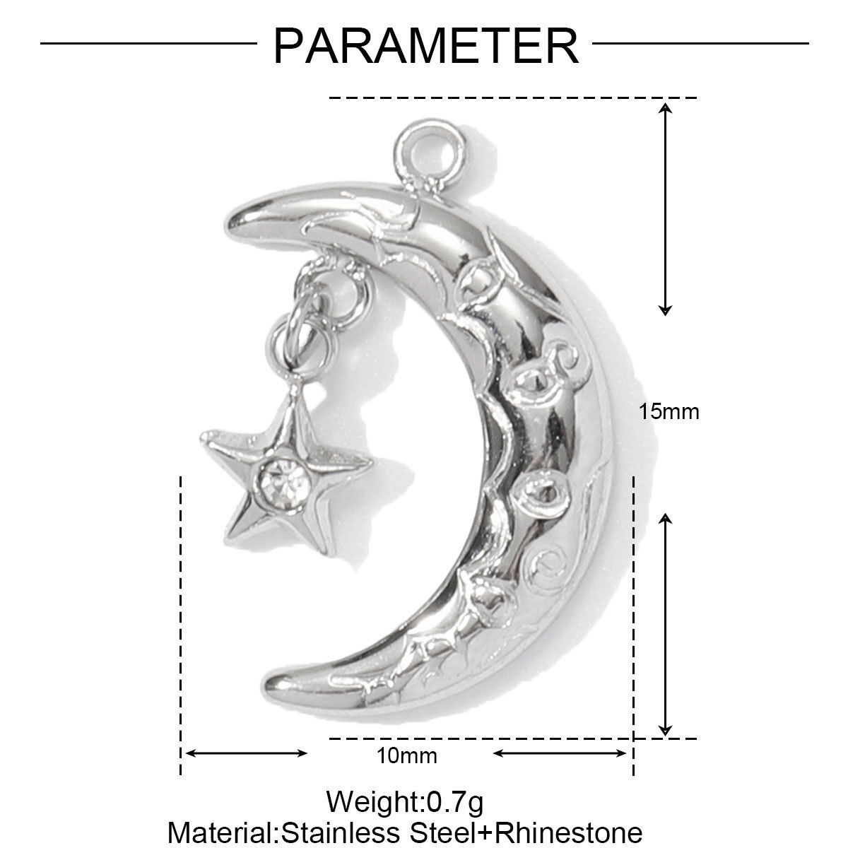 6pcs/pack French Stainless Steel Cresecent Moon Star Necklace Pendants Round Crystal Diy Charms Tennis Racket Jewelry Wholesale