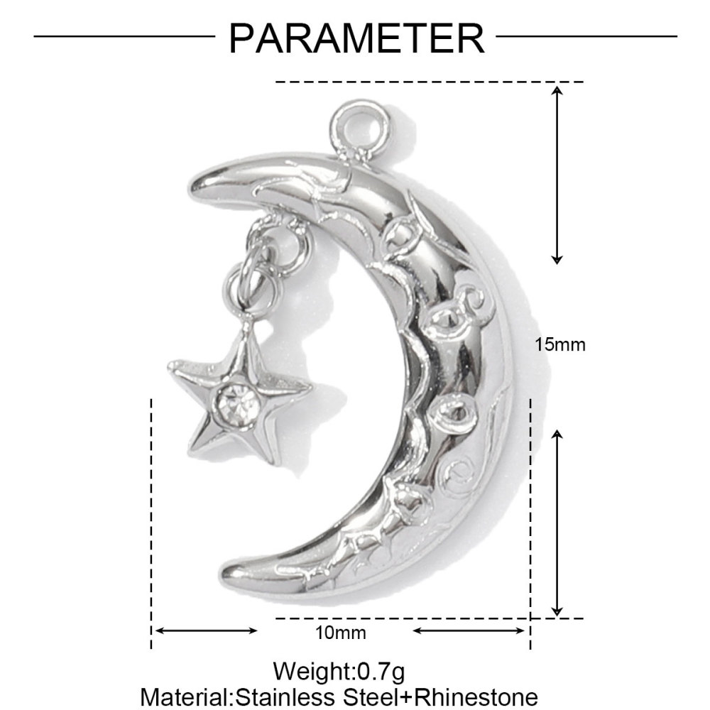6pcs/pack French Stainless Steel Cresecent Moon Star Necklace Pendants Round Crystal Diy Charms Tennis Racket Jewelry Wholesale