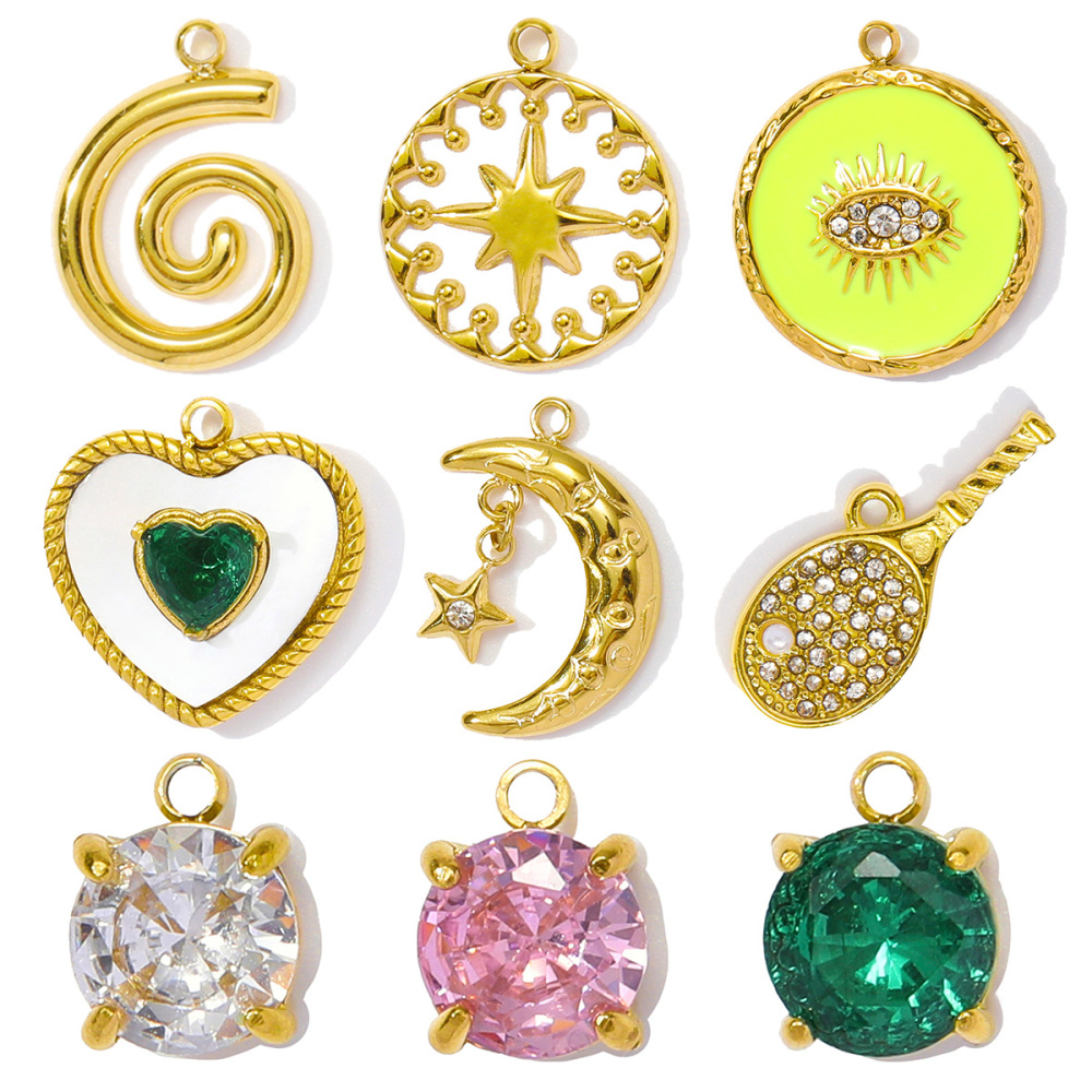 6pcs/pack French Stainless Steel Cresecent Moon Star Necklace Pendants Round Crystal Diy Charms Tennis Racket Jewelry Wholesale