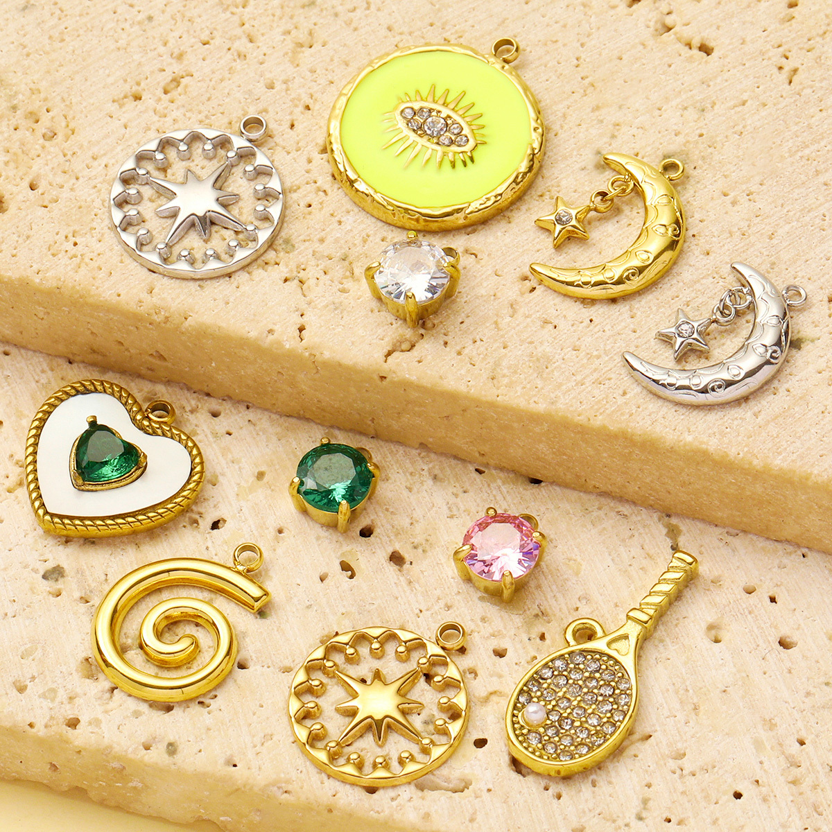 6pcs/pack French Stainless Steel Cresecent Moon Star Necklace Pendants Round Crystal Diy Charms Tennis Racket Jewelry Wholesale