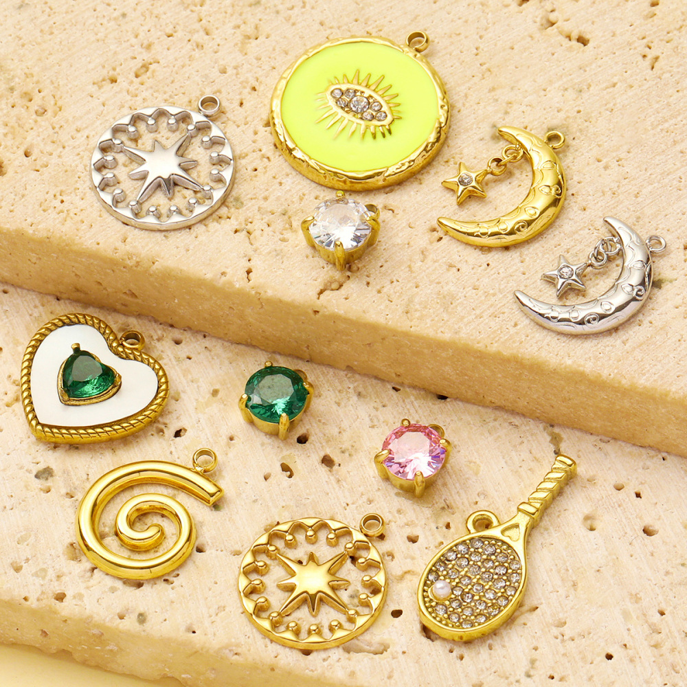 6pcs/pack French Stainless Steel Cresecent Moon Star Necklace Pendants Round Crystal Diy Charms Tennis Racket Jewelry Wholesale