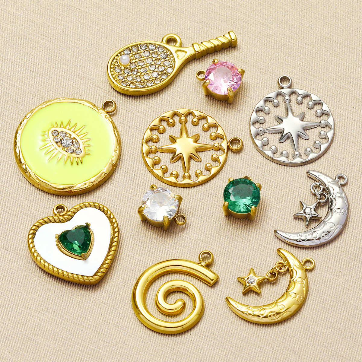 6pcs/pack French Stainless Steel Cresecent Moon Star Necklace Pendants Round Crystal Diy Charms Tennis Racket Jewelry Wholesale