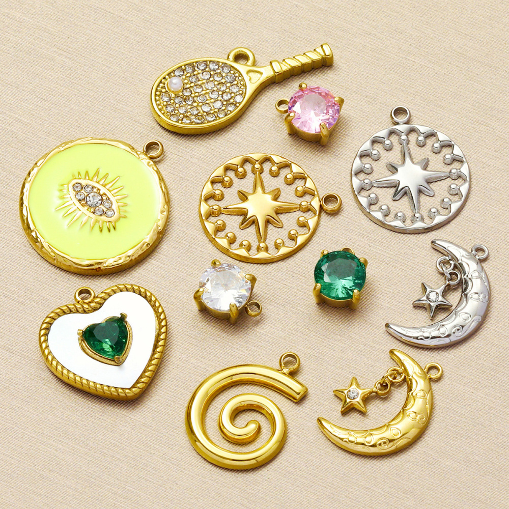 6pcs/pack French Stainless Steel Cresecent Moon Star Necklace Pendants Round Crystal Diy Charms Tennis Racket Jewelry Wholesale