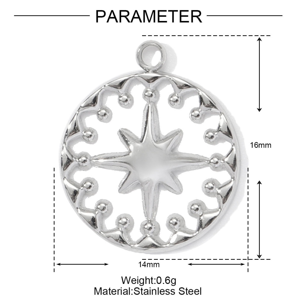 6pcs/pack French Stainless Steel Cresecent Moon Star Necklace Pendants Round Crystal Diy Charms Tennis Racket Jewelry Wholesale