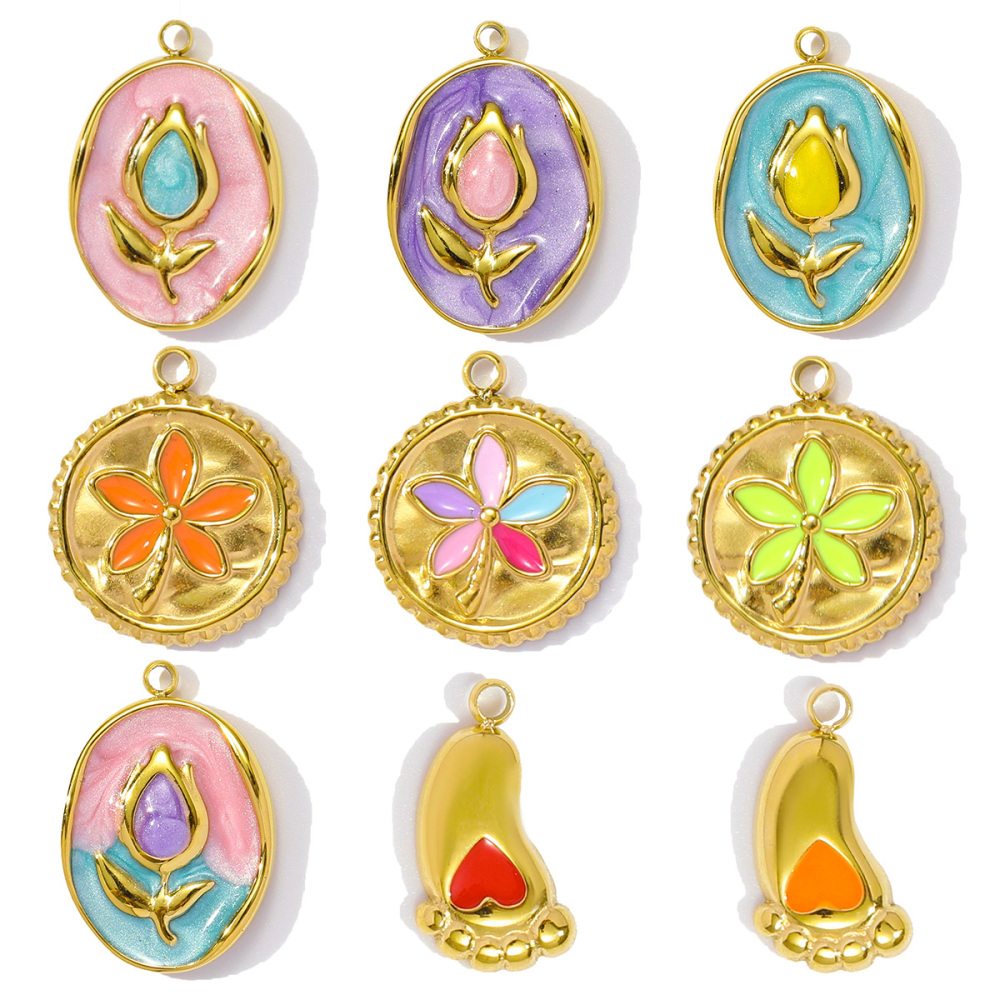 6pcs/pack Stainless Steel Enamel Monet Gardens Diy Charms Woman Tulips Flower Necklace Pendants Baby Foot Jewelry Wholesale