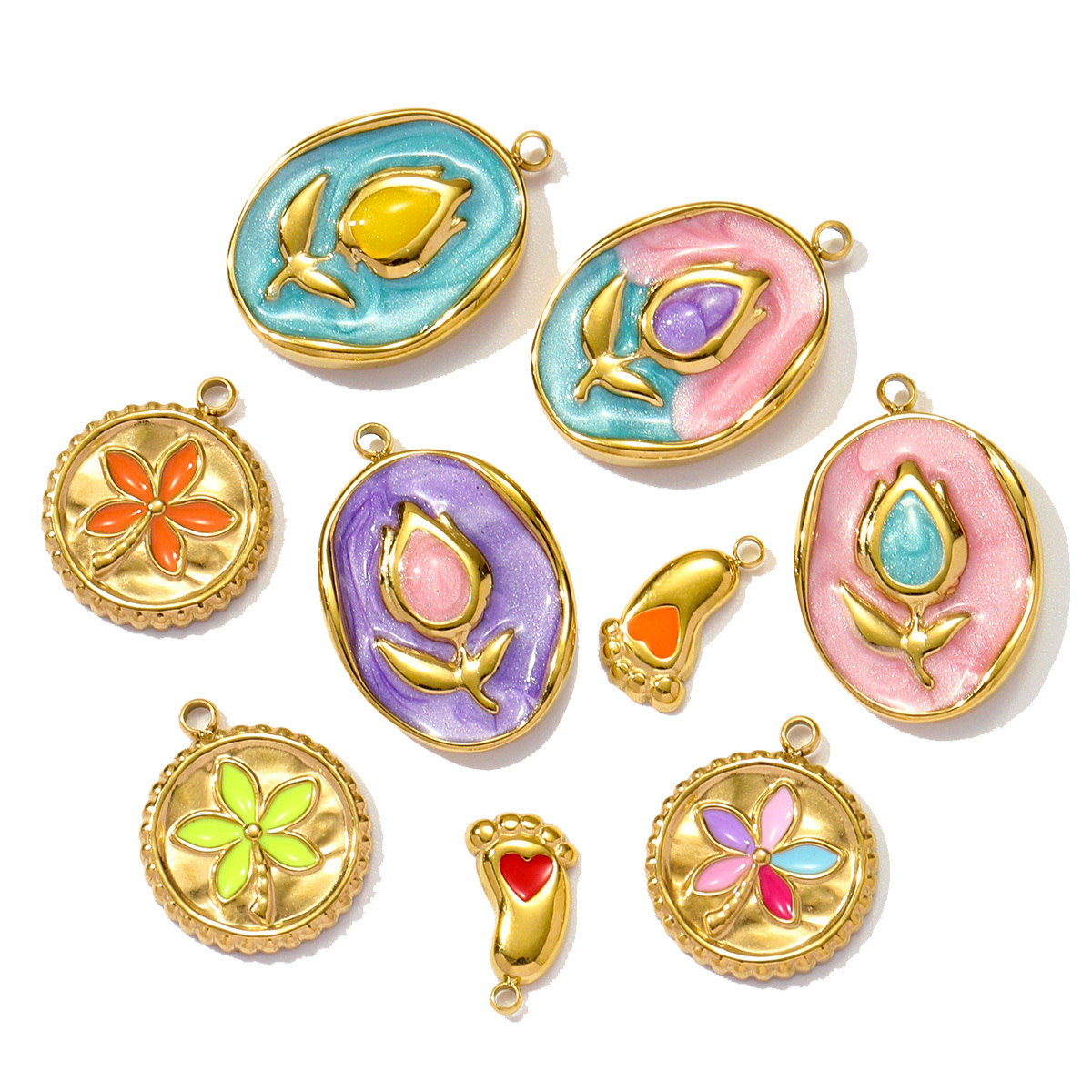6pcs/pack Stainless Steel Enamel Monet Gardens Diy Charms Woman Tulips Flower Necklace Pendants Baby Foot Jewelry Wholesale