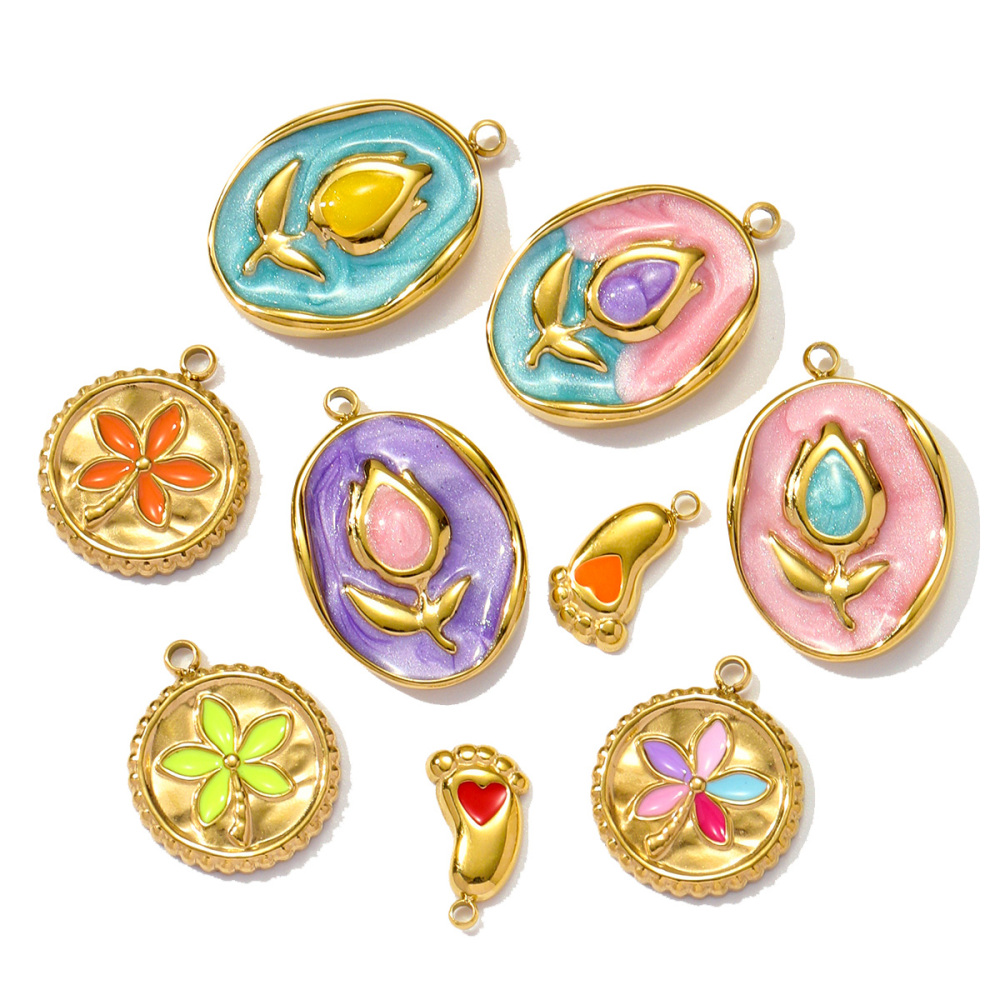 6pcs/pack Stainless Steel Enamel Monet Gardens Diy Charms Woman Tulips Flower Necklace Pendants Baby Foot Jewelry Wholesale