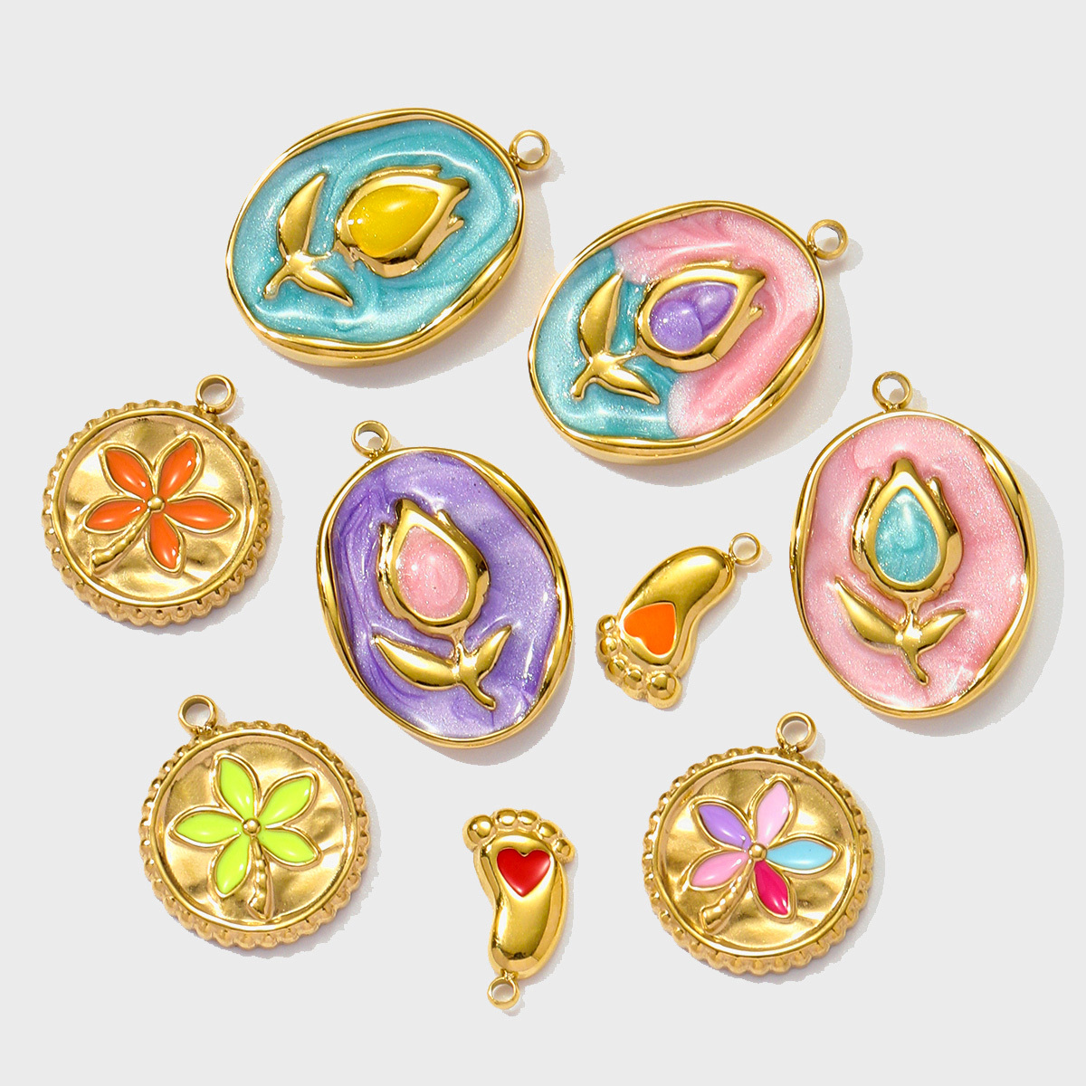 6pcs/pack Stainless Steel Enamel Monet Gardens Diy Charms Woman Tulips Flower Necklace Pendants Baby Foot Jewelry Wholesale