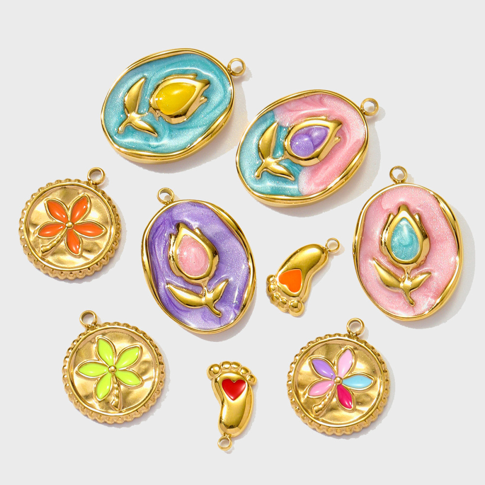 6pcs/pack Stainless Steel Enamel Monet Gardens Diy Charms Woman Tulips Flower Necklace Pendants Baby Foot Jewelry Wholesale
