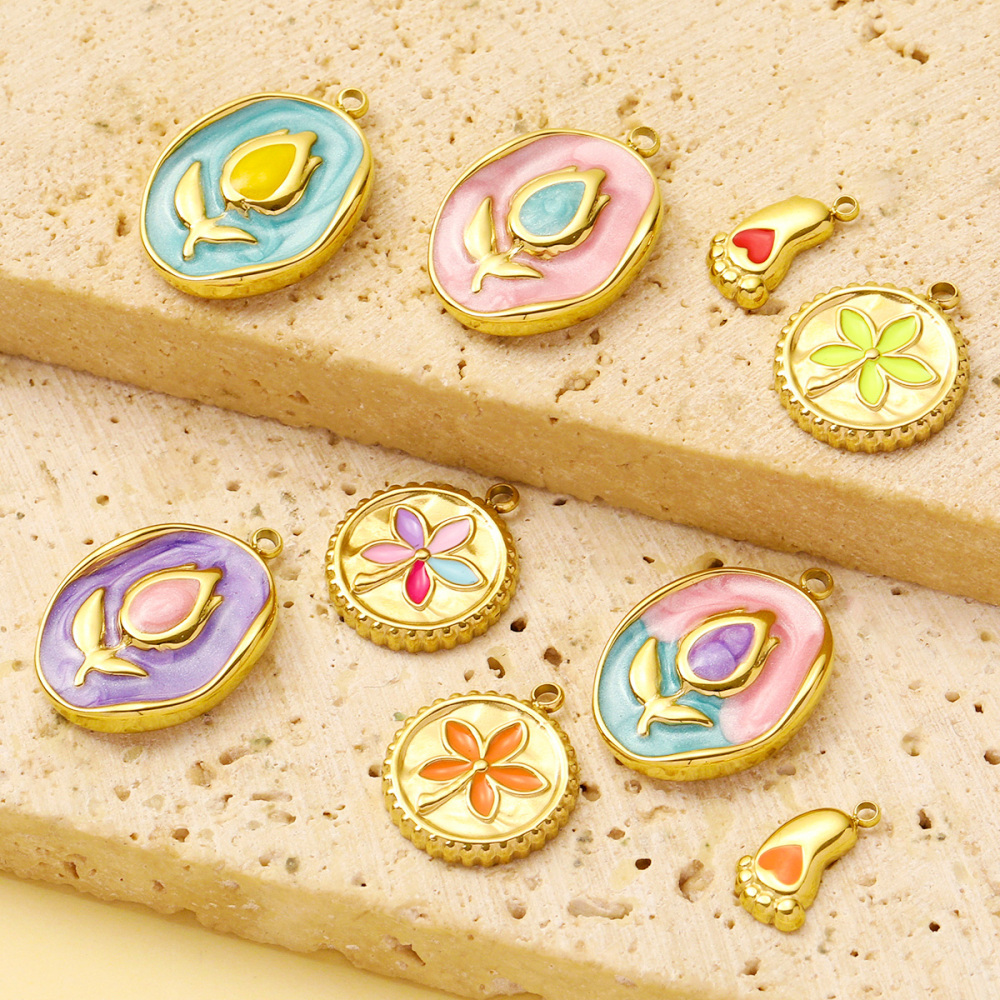 6pcs/pack Stainless Steel Enamel Monet Gardens Diy Charms Woman Tulips Flower Necklace Pendants Baby Foot Jewelry Wholesale