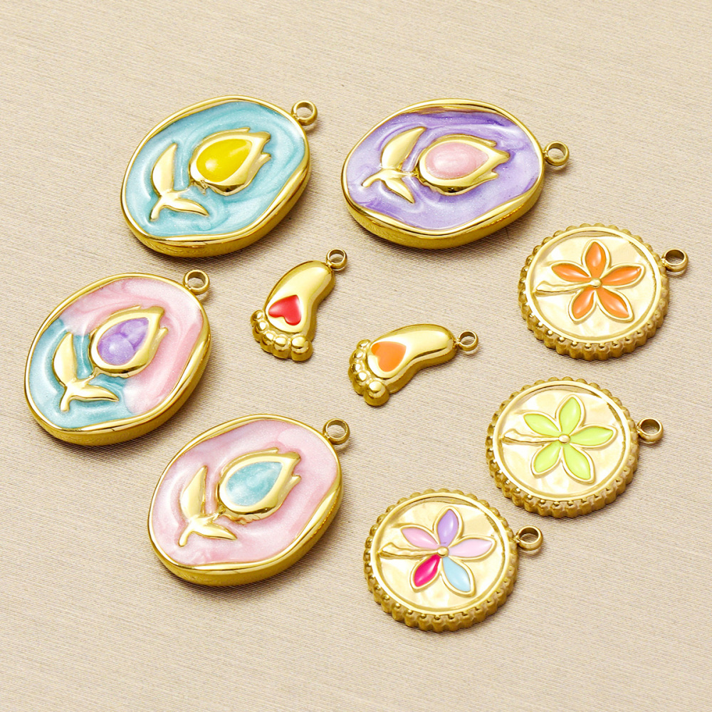 6pcs/pack Stainless Steel Enamel Monet Gardens Diy Charms Woman Tulips Flower Necklace Pendants Baby Foot Jewelry Wholesale
