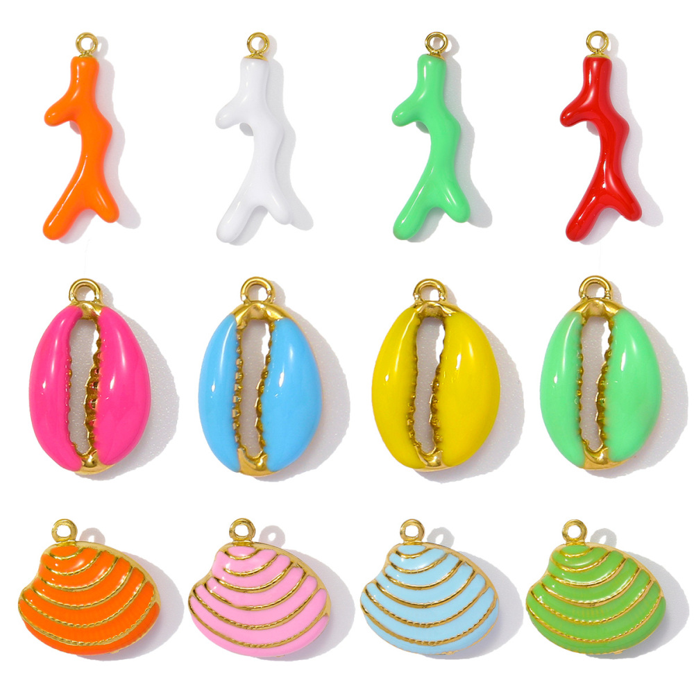 6pcs/pack Stainless Steel Enamel Coral Diy Earring Charms Woman Conch Shell Necklace Pendants Colorful Jewelry Wholesale