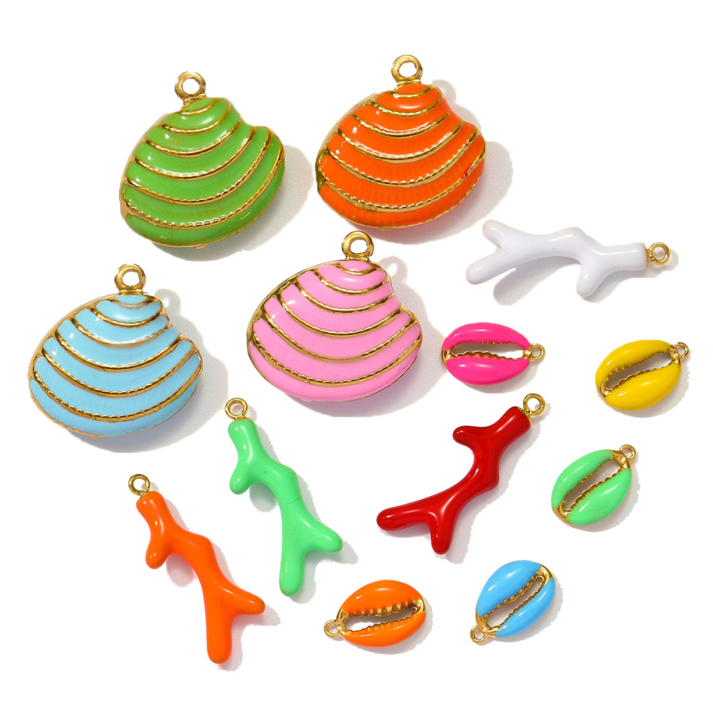 6pcs/pack Stainless Steel Enamel Coral Diy Earring Charms Woman Conch Shell Necklace Pendants Colorful Jewelry Wholesale