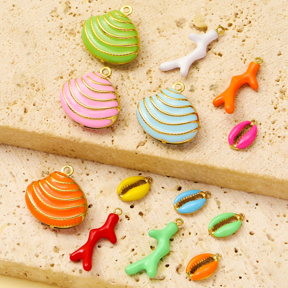 6pcs/pack Stainless Steel Enamel Coral Diy Earring Charms Woman Conch Shell Necklace Pendants Colorful Jewelry Wholesale