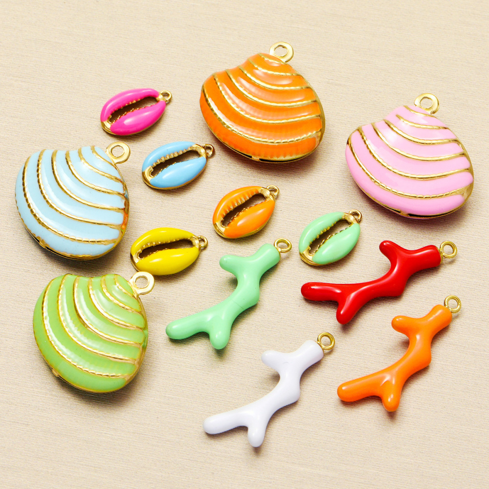 6pcs/pack Stainless Steel Enamel Coral Diy Earring Charms Woman Conch Shell Necklace Pendants Colorful Jewelry Wholesale