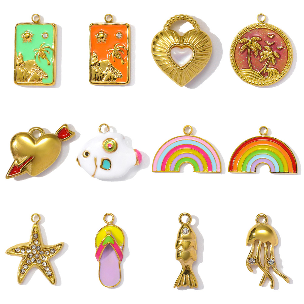 6pcs/pack Stainless Steel Enamel Plam Sun Diy Charms Woman Rainbow Flip Flops Necklace Pendants Fish Heart Jewelry Wholesale