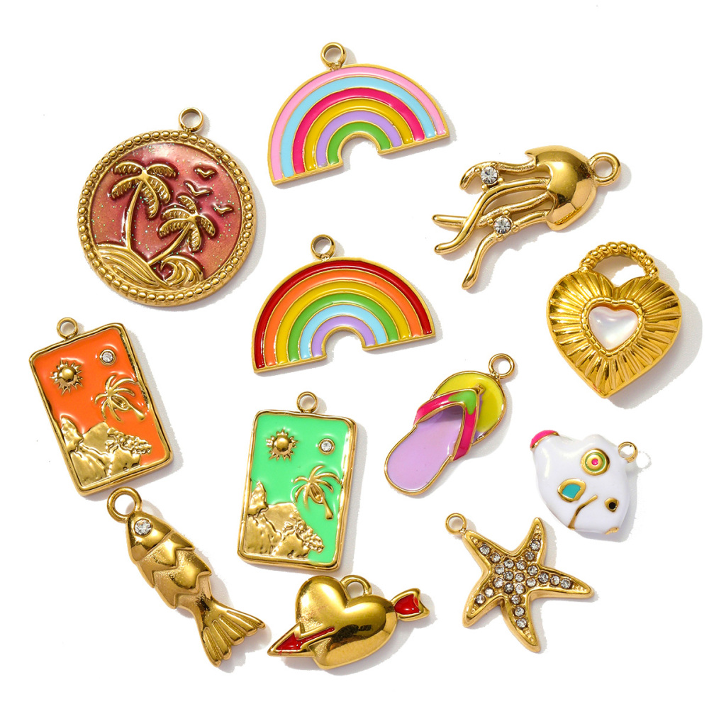 6pcs/pack Stainless Steel Enamel Plam Sun Diy Charms Woman Rainbow Flip Flops Necklace Pendants Fish Heart Jewelry Wholesale