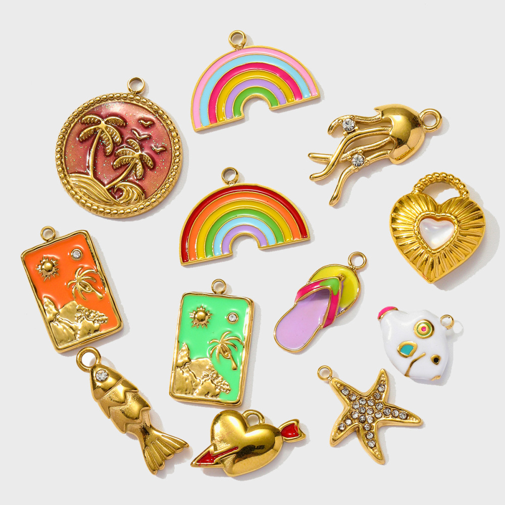 6pcs/pack Stainless Steel Enamel Plam Sun Diy Charms Woman Rainbow Flip Flops Necklace Pendants Fish Heart Jewelry Wholesale