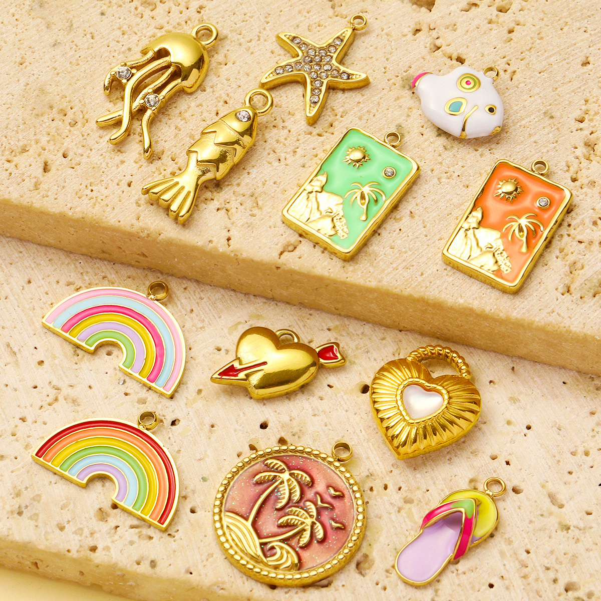 6pcs/pack Stainless Steel Enamel Plam Sun Diy Charms Woman Rainbow Flip Flops Necklace Pendants Fish Heart Jewelry Wholesale