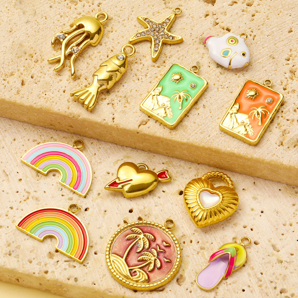 6pcs/pack Stainless Steel Enamel Plam Sun Diy Charms Woman Rainbow Flip Flops Necklace Pendants Fish Heart Jewelry Wholesale
