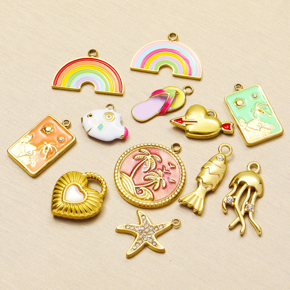6pcs/pack Stainless Steel Enamel Plam Sun Diy Charms Woman Rainbow Flip Flops Necklace Pendants Fish Heart Jewelry Wholesale
