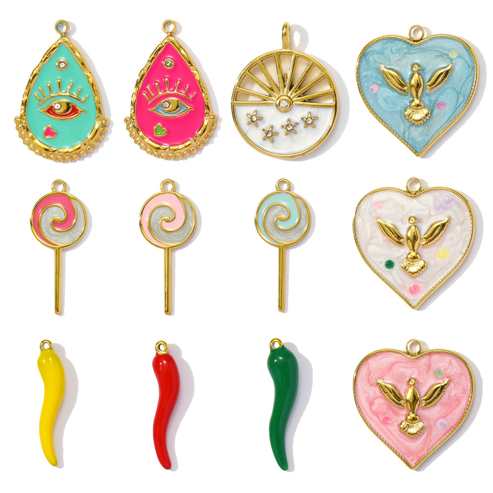 6pcs/pack Stainless Steel Enamel Evil Eye Whaterdrop Diy Charms Woman Chilli Heart Angel Necklace Pendants Lollipop Jewelry Wholesale